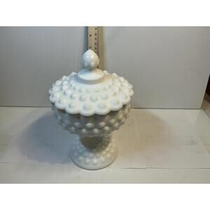Vintage Fenton Milk Glass Hobnail Pedestal Candy Dish With Lid 7.5" Tall